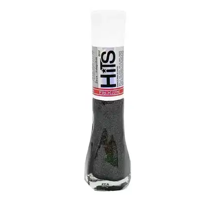 Esmalte premium da marca HITS em frasco transparente de vidro. O frasco tem formato cilíndrico alongado e contém um esmalte de cor preta com brilhos esverdeados.