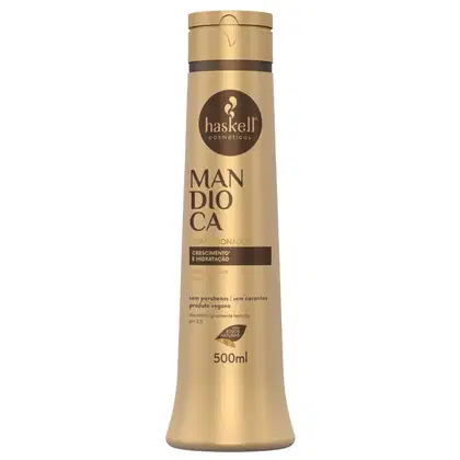 A imagem mostra o frasco de 500ml do condicionador da linha Mandioca da marca Haskell.