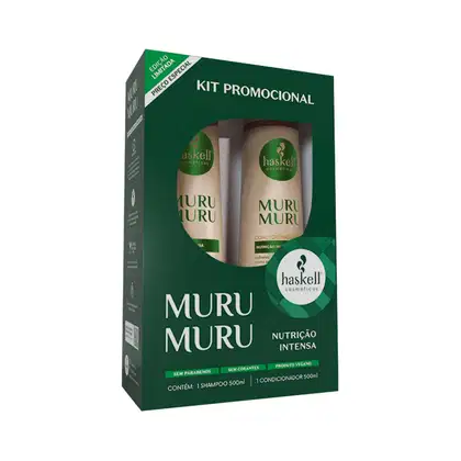 A imagem mostra uma caixa com kit contendo um shampoo e um condicionador, ambos da linha Murumuru de Haskell.