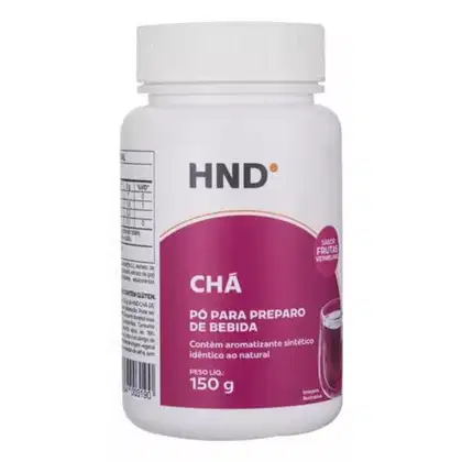 Frasco branco com rótulo rosa contendo "Cha - Po para preparo de bebida" da marca Hinode. O produto possui 150g e contém aromatizante sintético idêntico ao natural.