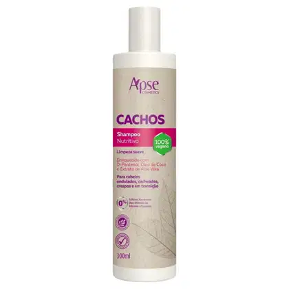 Shampoo nutritivo da marca Apice Cosmetics, chamado "Cachos". A embalagem é um frasco branco com rótulo roxo e verde, contendo 300ml do produto.