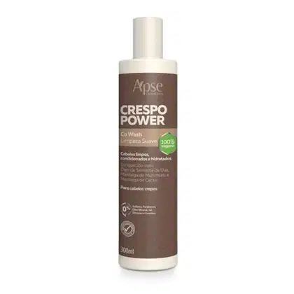 O produto apresentado é um co wash (limpeza suave) da linha Crespo Power da marca Apice Cosméticos. O frasco é branco e marrom, com o nome do produto "Crespo Power" destacado. O tamanho do frasco é de 300ml.