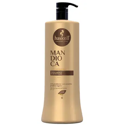 Condicionador da marca Haskell Cosméticos. O frasco possui um design cilíndrico com uma tampa preta e uma bomba dispensadora. A embalagem tem uma coloração bege clara predominante contendo 1L.