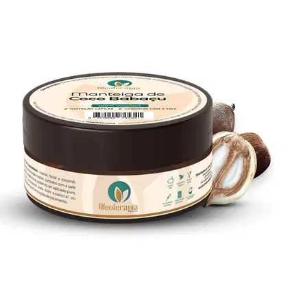 O produto apresentado é a Manteiga de Coco Babaçu da marca Oleoterapia Brasil. O rótulo indica que se trata de um produto 100% vegetal, com nutrição capilar e cutânea. Ao lado do pote, há alguns cocos.
