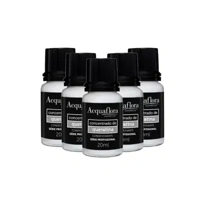 Frascos de 20ml de concentrado de queratina da linha profissional da marca Acquaflora, com rótulos pretos e brancos, apresentando o nome do produto e informações sobre sua composição.