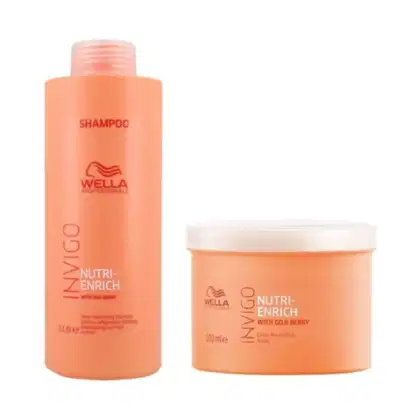 Shampoo Wella Professionals Nutri-Enrich em embalagem plástica laranja de 1 litro. Embalagem redonda laranja de 500ml com a descrição Máscara de Nutrição Profunda para tratamento capilar.