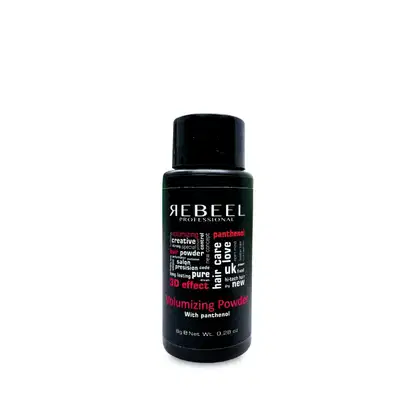 A imagem mostra um produto da marca Rebel Professional. É um frasco preto de plástico contendo um pó volumizador para cabelos, com pantenol. O rótulo indica que esse produto confere efeito criativo, volume e tem uma nova fórmula.