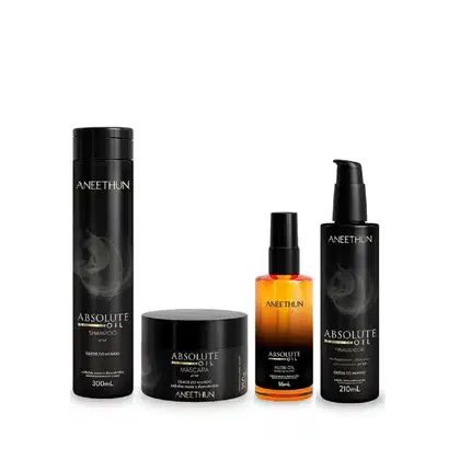 A imagem mostra um shampoo em frasco 300ml cilíndrico preto, uma máscara capilar 250g em pote preto, um óleo nutritivo em embalagem âmbar de 55ml e um finalizador em frasco preto de 210ml. Todos têm o nome "Absolute Oil" e o logotipo da marca Aneethun.