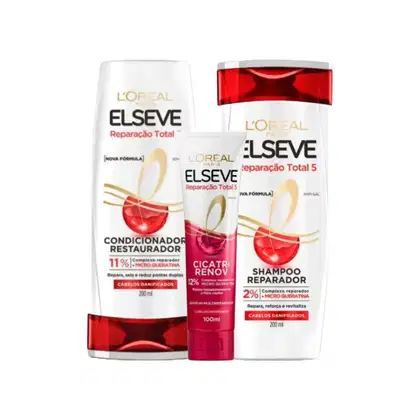 Produtos da linha Elseve da L'Oreal Paris: condicionador restaurador, shampoo reparador e creme cicatri-renov, em embalagens plásticas brancas e vermelhas, com rótulos destacando os benefícios de reparação e restauração dos cabelos danificados.