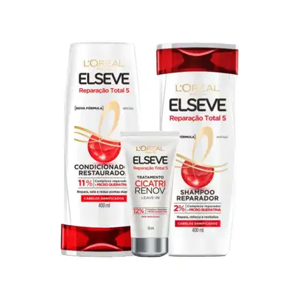 Produtos da linha Elseve Reparação Total 5 da L'Oréal, incluindo condicionador restaurado, tratamento leave-in e shampoo reparador, em embalagens com predominância de cores branca e vermelha.