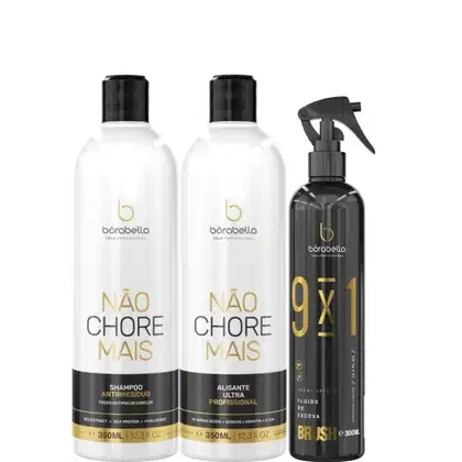 Shampoo e Alisante Borabella Não Chore Mais 2x350ml + Fluido Escova Brush 9x1 300ml