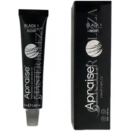 Produto de coloração para cílios e sobrancelhas. Embalagem em tubo plástico preto de 20ml e caixa retangular preta. Rótulos com o nome "BLACK 1 NOIR" e o logotipo da marca em branco.