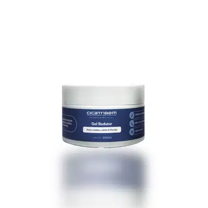 Frasco branco com rótulo azul contendo "Cicatribem Gel Redutor", um produto dermocosmético para redução de medidas, celulite e flacidez, com 200g de conteúdo.