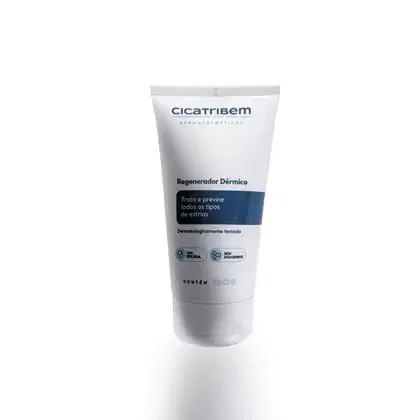 Tubo de creme regenerador dérmico da marca Cicatribem, com 150g de conteúdo. O rótulo apresenta informações sobre o produto, indicando que trata e previne diversos tipos de estrias.