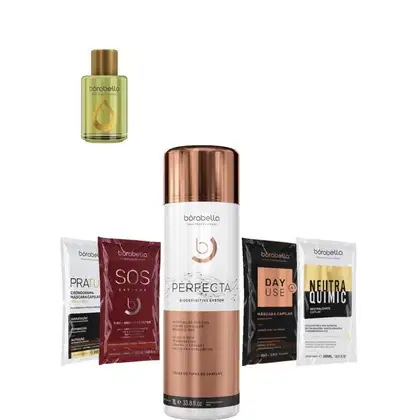 Kit com escova progressiva Perfecta, reparador de pontas Argan e sachês, da marca Borabella.