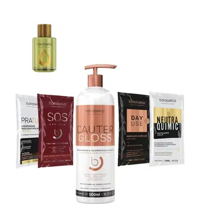 Kit com reconstrutor capilar Cauter Gloss, reparador de pontas Argan e sachês, da marca Borabella.