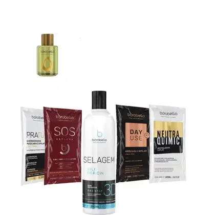 Kit com escova semidefinitiva Selagem 3D, reparador de pontas Argan e sachês, da marca Borabella.