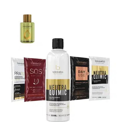 Kit com neutralizante capilar NeutraQuimic, reparador de pontas Argan e sachês, da marca Borabella.