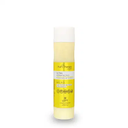 A imagem mostra um frasco amarelo e branco de condicionador da linha Fruit Therapy Vegan Melão. O frasco tem um design atraente, com cores vivas e informações detalhadas sobre benefícios, composição, além de certificações veganas e não testado em animais.