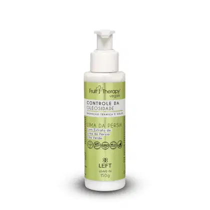 A imagem mostra um frasco branco com rótulo amarelo e tampa branca de 150g do leave-inda linha Fruit Therapy Vegan Lima da Pérsia. O design traz informações sobre benefícios e composição e afirma que possui proteção térmica e solar.