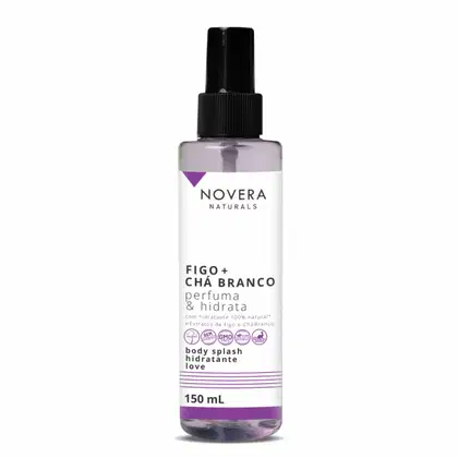 A imagem mostra o body splash Novera Naturals com fragrância Figo + Chá Branco. O frasco é de 150ml, transparente, permitindo ver o líquido lilás claro dentro. Há também logos indicando que é vegano, natural e não testado em animais.