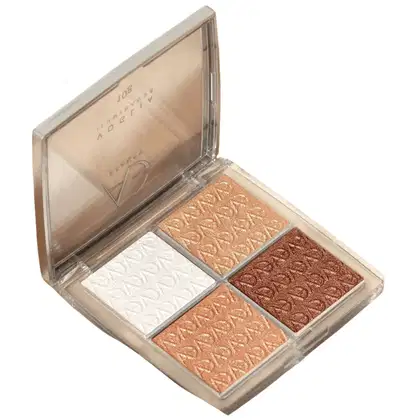 Paleta de iluminadores da marca Alyce Gontijo. São quatro cores com um acabamento metalizado. Branco, marrom e dois tons de cobre.
