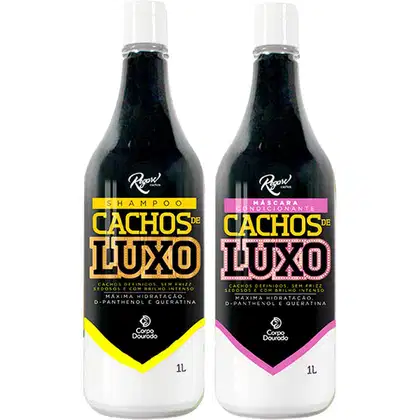 A imagem traz dois frascos de 1L, um de shampoo e outro de condicionador. Ambos são pretos com detalhes brancos. O shampoo com alguns detalhes amarelos e o condicionador com detalhes rosa.
