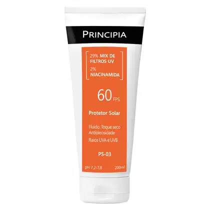 Protetor solar fluido com FPS 60, embalagem plástica branca e laranja. Contém 29% de filtros UV e 2% de niacinamida. Produto antioleosidade, com toque seco. Protege contra raios UVA e UVB.