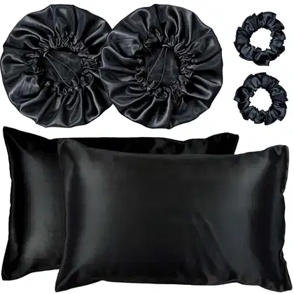 Kit Bemart Fronha Touca e Xuxinhas Cetim Preto (6 Produtos)