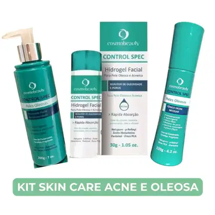 Kit de produtos Cosmobeauty para cuidados com a pele acneica e oleosa, contendo hidrogel facial, tônico facial micelar e sérum para peles oleosas, em embalagens verdes e brancas.