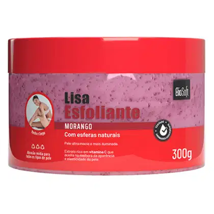 Embalagem vermelha de 300g contendo esfoliante corporal de morango da marca Bio Soft, com informações sobre os benefícios do produto e sua composição com esferas naturais.