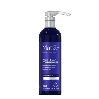 Frasco de condicionador de cabelo da marca Matiz, na cor azul escuro, com rótulo indicando "Violet Mask Conditioner" e informações sobre o produto, como "Matização e contraste de cabelos clareados e descoloridos".