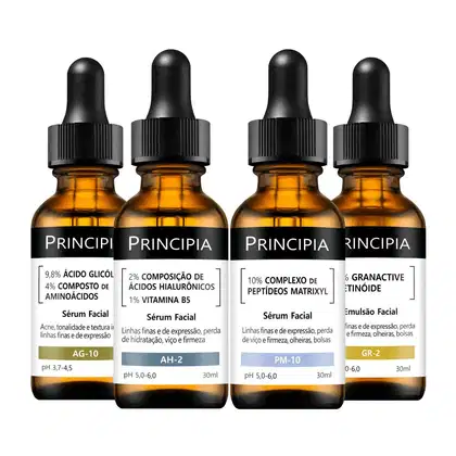Quatro frascos de soro facial da marca Principia, contendo diferentes formulações para tratamento de pele, como ácido glicólico, ácidos hialurônicos, peptídeos e granactive retinóide, com rótulos indicando os nomes e composições de cada produto.
