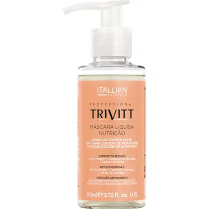 Produto de nutrição capilar líquido da marca Trivitt, linha Professional da Itallian Hairtech. Frasco transparente de 110ml com bomba dosadora branca.