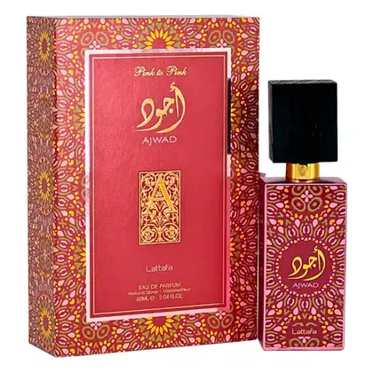 Frasco de perfume Lattafa Ajwad com embalagem vermelha e amarela, apresentando detalhes dourados e padrões florais. O rótulo exibe o nome da fragrância "Ajwad" em letras douradas.