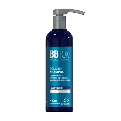 Frasco de shampoo Polisher da linha Bb Tox Absolute Repair da Grandha, com 480ml de capacidade. Embalagem em tom azul e preto, com rótulo destacando o nome do produto e a indicação de ser um tratamento capilar.