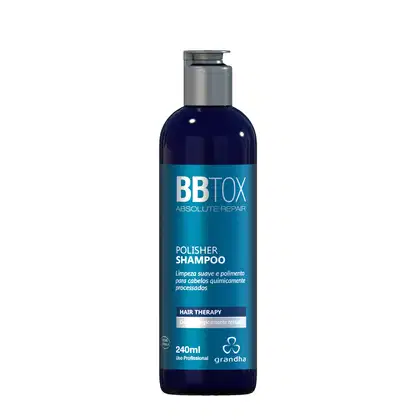 Frasco de shampoo Grandha BB Tox Absolute Repair, com 240ml, em embalagem azul e preta, com rótulo destacando "Polisher Shampoo" e informações sobre o produto.