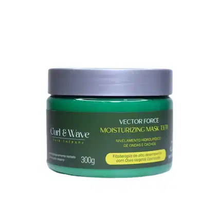 Pote de máscara hidratante com 300g de produto. Embalagem verde e cinza, com rótulo destacando os benefícios de nivelamento de ondas e cachos.