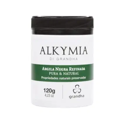 Frasco de argila negra refinada. O produto possui 120g e é apresentado em embalagem cilíndrica preta.
