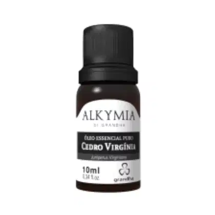 Frasco de óleo essencial de cedro virgínia da marca Alkymia, com rótulo preto e branco. O produto possui 10ml e é apresentado em embalagem cilíndrica preta com tampa preta.