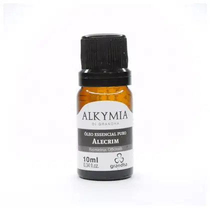 Frasco de óleo essencial puro de Alecrim da marca Alkymia di Grandha, com 10 ml de volume, embalagem de vidro âmbar e rótulo branco com informações do produto.