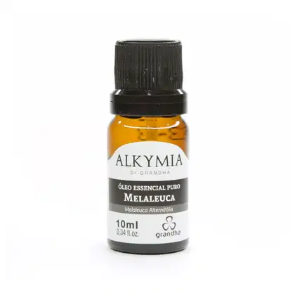 Frasco de óleo essencial de melaleuca da marca Grandha, com 10ml de conteúdo.