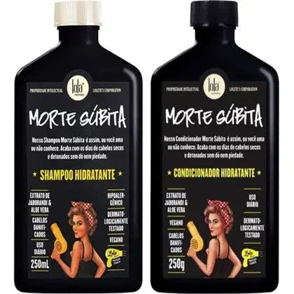 Dois frascos pretos da linha "Morte Súbita" da marca Lola From Rio, contendo shampoo hidratante e condicionador hidratante para cabelos danificados, com rótulos destacando os ingredientes e informações sobre o produto.