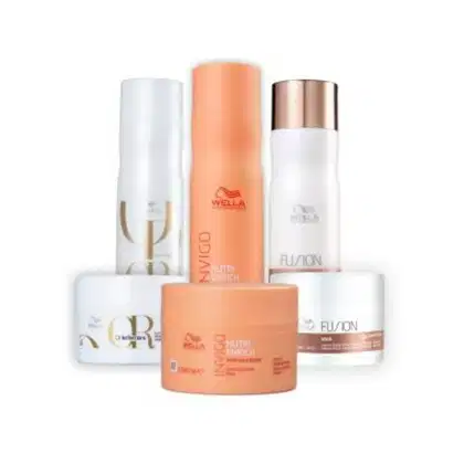Produtos Wella Professionals: shampoos e máscaras Fusion, Nutri Enrich e Oil Reflections.