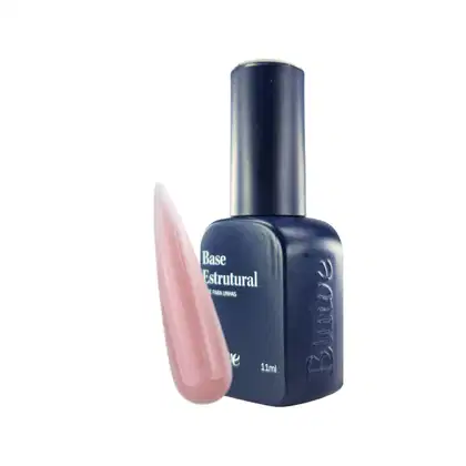 A imagem mostra a Base Estrutural da marca Bluwe, em frasco azul marinho com tampa protetora. Rótulo indicando "Base Estrutural" e volume de 11ml. Ao lado, uma amostra do produto na cor rosa claro, mostrando a textura gel.
