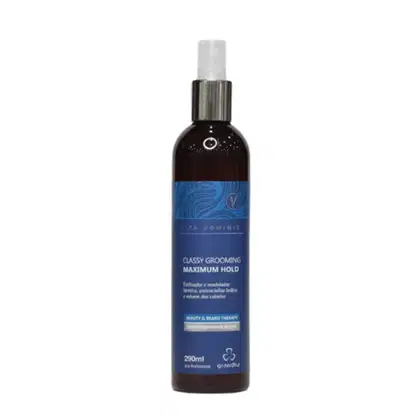 Frasco spray de 290ml da linha Classy Grooming da Grandha, com rótulo azul e preto, indicando ser um produto de máxima fixação para penteados.