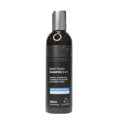 Frasco de shampoo 3 em 1 contendo 250ml do produto "Black Touch Shampoo 3x1" para barba e cabelos.