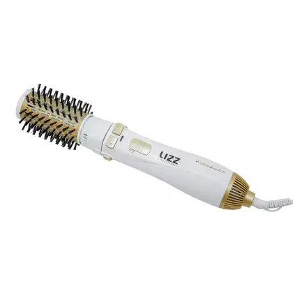Escova rotativa Lizz Professional. Trata-se de um aparelho elétrico de cor branca e dourada, com um design cilíndrico e um conjunto de cerdas dispostas em torno da extremidade.