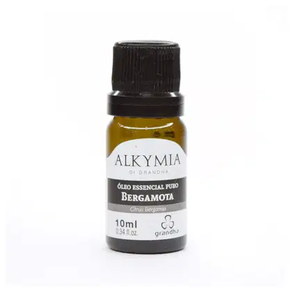 Frasco de óleo essencial de bergamota da marca Alkymia, com rótulo branco e preto, contendo 10ml do produto. O frasco possui tampa preta e é feito de vidro âmbar.