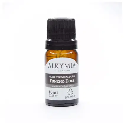 Frasco de óleo essencial puro de funcho doce da marca Alkymia di Grandha, com rótulo branco e preto, contendo 10ml do produto.